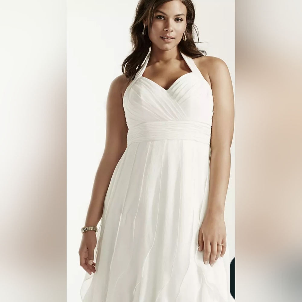 David's Bridal White Halter Empire A-Line Flowy Ruffled Chiffon Wedding Dress